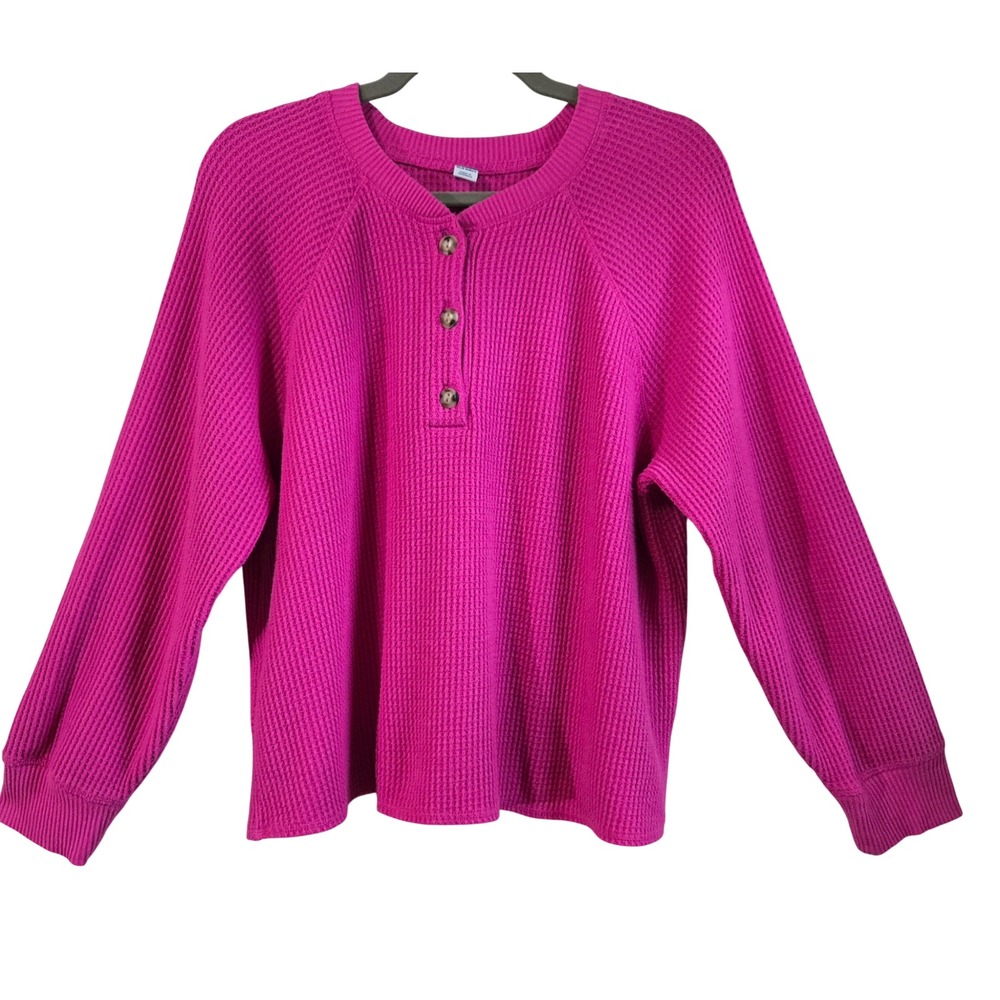 Old‎ Navy Womens XL Soft Girl Fuchsia Waffle Knit Henley Long Sleeve Top Thermal
